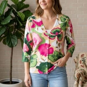 Astrid Floral Button Cardigan Size XL Pink Green V-Neck Knit Sweater